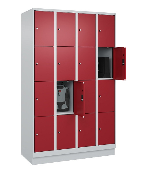 C+P Schließfachschrank Evolo PLUS, mit Sockel, 16 Fächer, 1950x1200x500mm, 7035/3003 Rubinrot, 049020-404 S10004