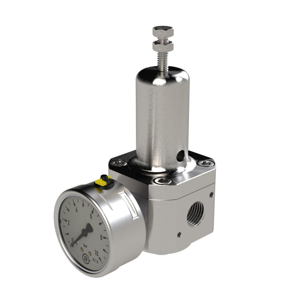 Riegler Edelstahl-Druckregler, 1.4404, ohne Sekundärentlüftung, inklusive Manometer, G 1/4, Regelbereich 0,5 - 8 bar, PE max. 60 bar, 136422