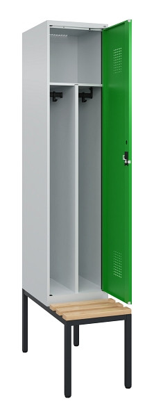 C+P Spind Evolo PLUS, 1 Abteile, 2120x400x815mm, 7035/6037, Haken 4, Zylinderschloss, Sitzfläche Buche-Hartholz, Sitzbank, Trennwand, 0490507-12F S10038