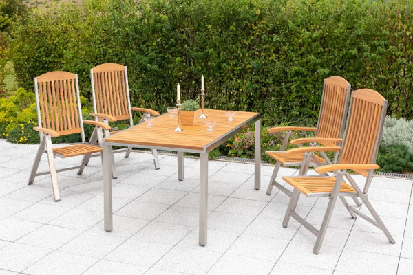 Merxx Keros Set 5-teilig, 4 Klappsessel, Rückenlehne 5-fach verstellbar, 1 Tisch, 150 x 90 cm, Edelstahl mit FSC Akazienholz, 50240-011