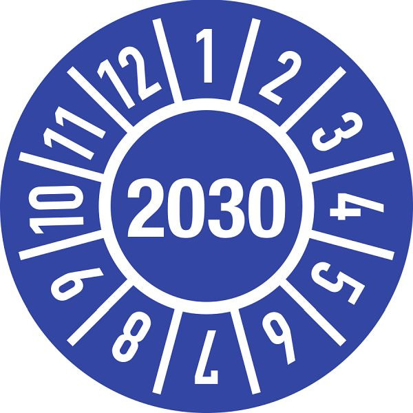 Moedel Prüfplakette Jahr 2030 mit Monaten, Folie, Ø 15 mm, VE: 500 Stück/Rolle, 108556