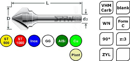 SPPW Kegelsenker VHM 90° z:3 Form C L: 51 Ø6,3, 6523000630