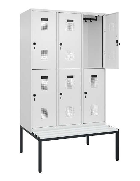 C+P Doppelstock-Spind Evolo PLUS, Bank, 6 Fächer, 2120x1200x815mm, 9016/9016, Drehriegel, Sitzfläche Kunststoff, Sitzbank, 0493507-32 S10101