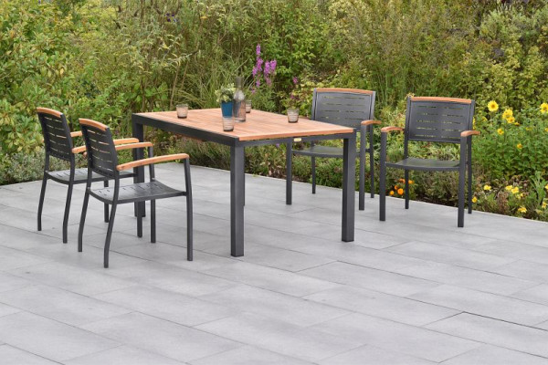 Merxx Tinos Set 5-teilig, 4 Tinos Stapelsessel, 1 Ausziehtisch 150 (200) x 90 cm, Tischplatte aus Akazienholz, Aluminium mit FSC Akazienholz, 50813-217