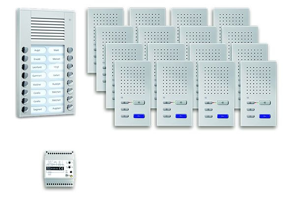 TCS Türkontrollsystem audio:pack AP für 16 Wohneinheiten, mit Außenstation PES 16 Klingeltasten, 16x Freisprecher ISW3030, Steuergerät, PPAF16-EN/02