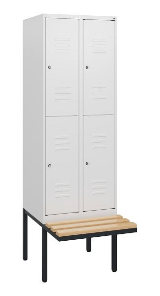 C+P Doppelstöckiger Spind Classic PLUS, 2 Abteile, 1950x600x815mm, 9016/9016, Zylinderschlösser, Buche-Sitzleisten, Sitzfläche, 0803405-20 S10044