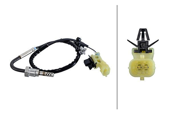 HELLA Sensor, Abgastemperatur - 2-polig - geschraubt - Kabel: 395mm - mit Befestigungsclips am Kabel, 6PT 010 376-341