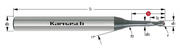 Karnasch VHM-Micro-3D-Radiusfräser d= 2,00 / r= 1,00 / L3= 8,0 / d2= 4 / Z= 2 DCC 0318 - Graphit/Zirkonium, 3065530200080