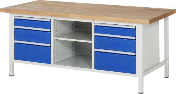 RAU Werkbank Serie 8000 - Gestell-Bauweise (Schweißgestell), Dreifach-Unterbau-Container (6x Schublade, Fachboden), 2000x840x900 mm, 03-8564A2-209B4S.11
