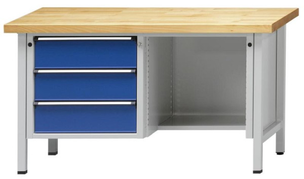 ANKE Werkbänke Kastenwerkbank; 1500x700x890 mm; RAL 7035/5010; Buche-Massiv-Platte 40 mm; Links 3 Schubladen 180 mm; Rechts zurückgesetzter Boden, 300.601