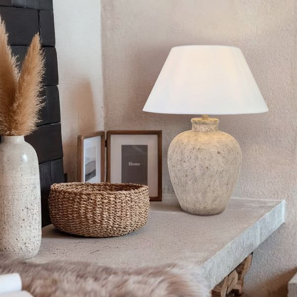 HOME DELUXE Große Tischlampe in Steinoptik LENE, Weiß, 61113