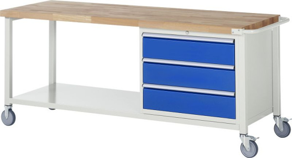 RAU Fahrbare Werkbank 8000 - Modell 8257, B2000 x T700 x H880-1080 mm, Unterbau-Container rechts, 3x Schubladen: 3xH180 mm, 05-8257A6-207B4H.11