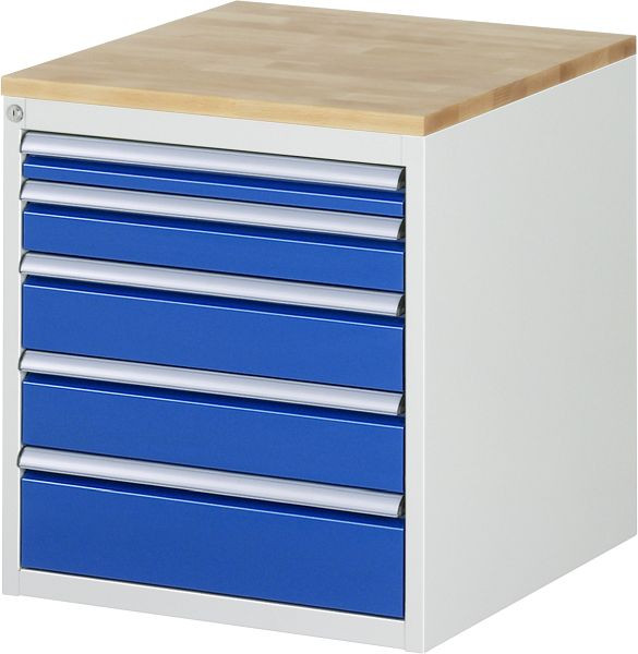 RAU Schubladenschrank Serie 7000, B580 x T650 x H645 mm, 5 x Schublade-Größe-L 1xH60, 1xH90, 2xH120, 1xH150 mm, Buche-Massiv-Arbeitsplatte, 03-L3.11A-B.11