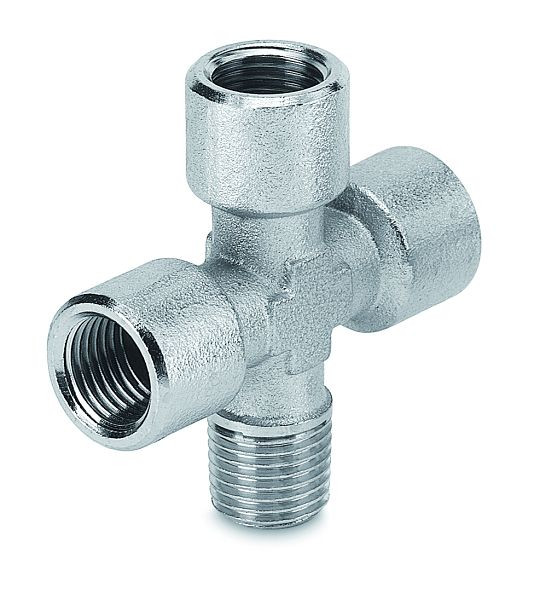 Prevost Kreuzstück mit mittigen konischem Außengewinde und 3 zylindrischen Innengewinden - A34, AG BSPT= R 1/4, IG BSPP= G 1/4, VE: 10 Stück, A34 1414