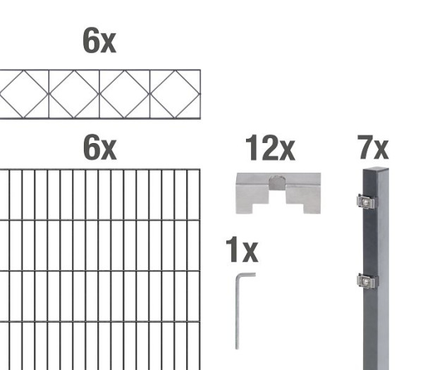 Alberts Doppelstab-Gittermattenset 2 m mit Dekorelement Design Bergen, Stahl, verzinkt anthrazit RAL 7016, Zaunmaße: 12 m x 1600 mm, 668716