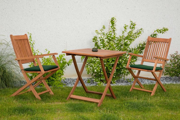 Merxx Rio Set 5-teilig, 2 Rio Klappsessel, 2 grüne Sitzauflagen, 1 Tisch, 70 x 70 cm, FSC Eukalyptusholz, 50086-101