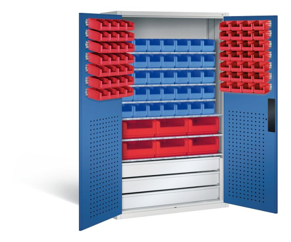 C+P Magazinschrank Serie 13, H1950xB1100xT535mm, Farbe: Lichtgrau / Enzianblau, Muldengriff, 130276-68 S10025