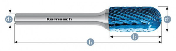 Karnasch Hartmetall-Frässtift Blue-Tec beschichtet WRC/ HP-1 d1=6 / l2=12,7 / d2=3 / l1=44mm, VE: 4 Stück, 115027050
