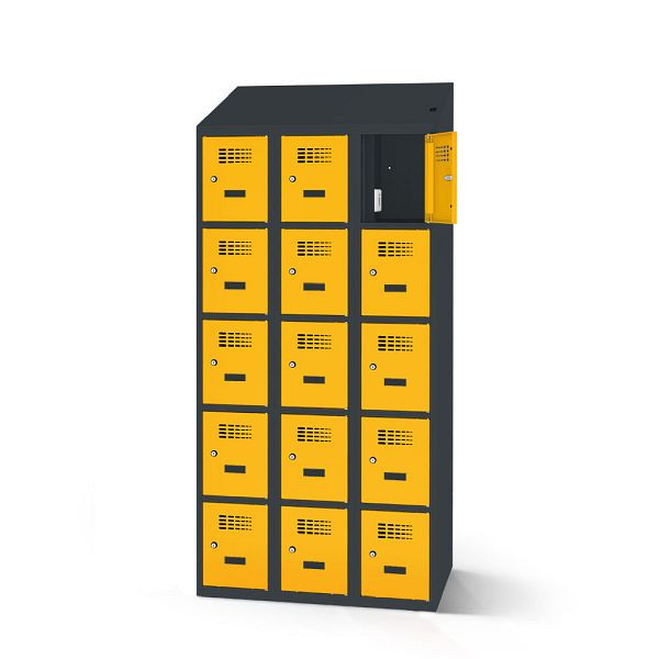 Rotstahl Fächerschrank, 15 Fächer, Stollenfüße, mit Ladefunktion, Schrägdach, Korpus: anthrazitgrau, Türen: verkehrsgelb, 2180-030500-0902112-7016-1023