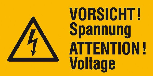 SafetyMarking Warn-Kombischild, Vorsicht Spannung, 2-sprachig (D/GB), BxH 5,2x2,6 cm, Folie, selbstklebend, VE: 9 Stück/Bogen, 30.0592