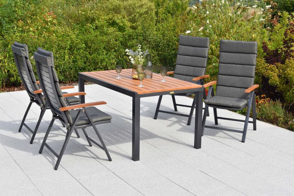 Merxx Tinos Set 9-teilig, 4 Tinos Klappsessel, folierte Armlehnen, Holzoptik, 4 Auflagekissen grau, 1 Ausziehtisch foliert, Aluminium, 50281-800