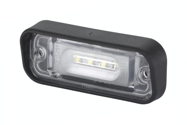 HELLA Kennzeichenleuchte, LED, 12V, Einbau/Schraubanschluss, Lichtscheibenfarbe: glasklar, Stecker: Flachsteckhülse, oben/außen, 2KA 010 278-411
