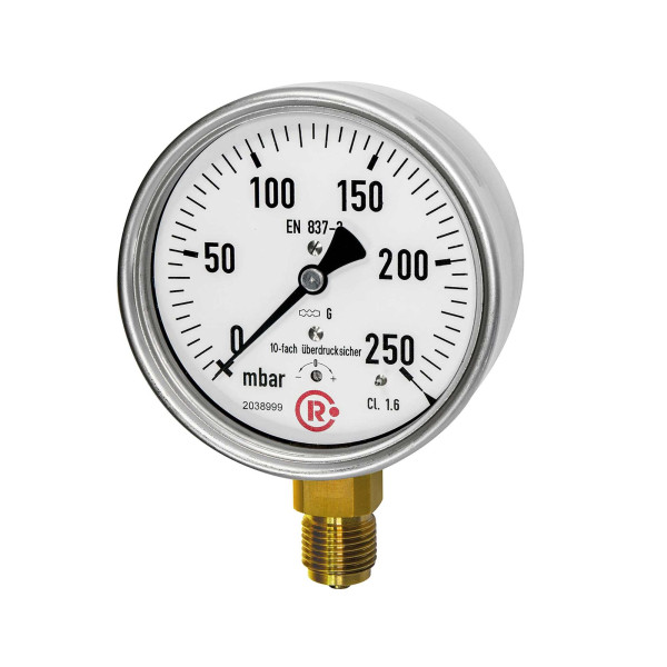 Riegler Kapselfedermanometer, CrNi-Stahl, G 1/2 unten, 0-160 mbar, Ø 100, 199278