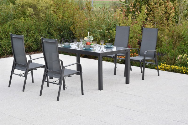 Merxx Alassio Set 5-teilig, 4 Alassio Sessel, Rückenlehne durch Gasdruck verstellbar, 1 Ausziehtisch 150 (210) x 90 cm, 51036-309