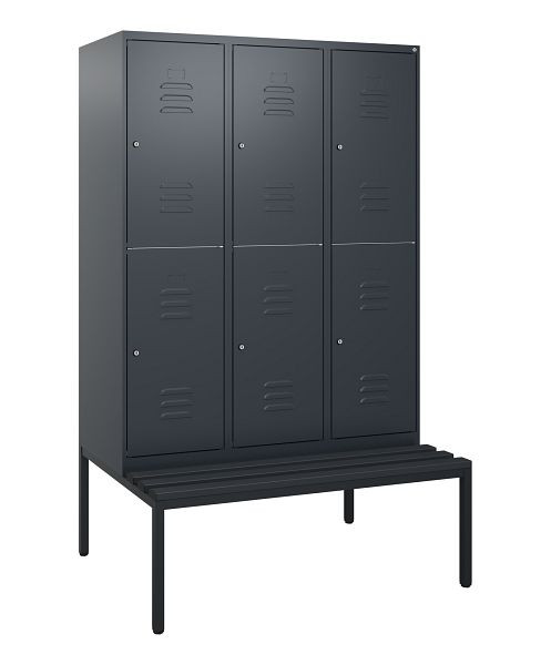 C+P Doppelstöckiger Spind Classic PLUS, 3 Abteile, 1950x1200x815mm, 7016/7016, Zylinderschlösser, mit untergebauter Sitzbank, 0803505-32 S10087