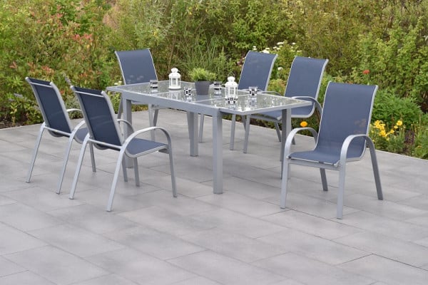Merxx Amalfi Set 7-teilig, 6 Amalfi Stapelsessel, 1 Ausziehtisch 160 (220) x 90 cm, graue Glasplatte, silber/marineblau, 50337-313