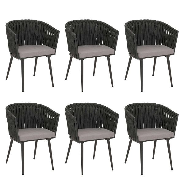 Mendler 6er-Set Aluminium-Esszimmerstuhl HWC-N38, Indoor Stuhl Armlehne, Olefin Seilgeflecht Rope, anthrazit Kissen hellgrau, 3x159046