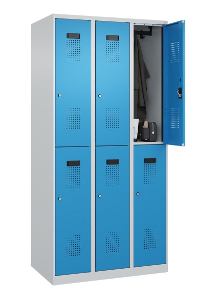 C+P Doppelstöckiger Spind Evolo PLUS, 6 Fächer, 1850x900x500mm, 7035/5012, Zylinderschloss, 049300-30 S10034