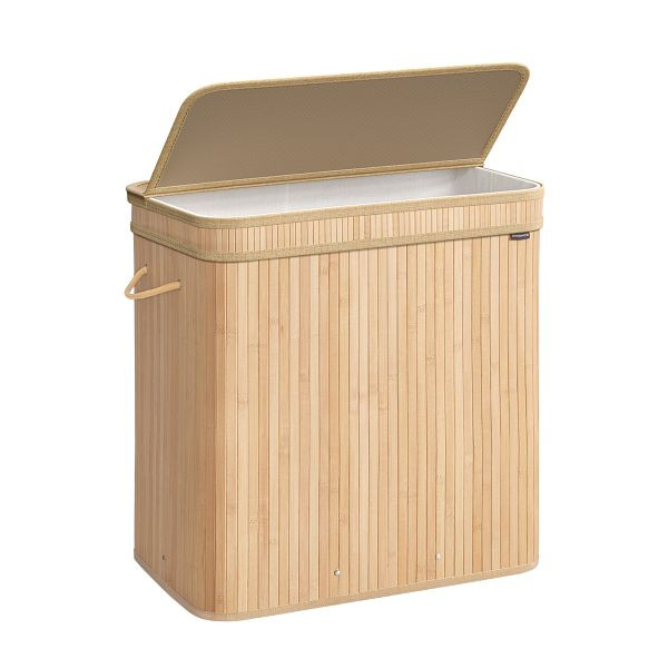 SONGMICS Wäschekorb mit Deckel, Bambus-Wäschekorb, abnehmbarer maschinenwaschbarer Wäschekorb mit Griffen, 150 l, Naturbeige, LCB062N01