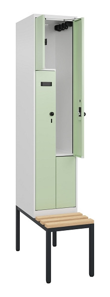 C+P Z-Spind Evolo PLUS, Bank, 2 Fächer, 2120x400x815mm, 9016/6019, Drehriegel, Sitzfläche Buche-Hartholz, Sitzbank, 0490537-122 S10018