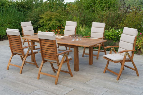 Merxx Paraiba Set 7-teilig, 6 Paraiba Klappsessel, 6 Auflagen, beige, 1 Doppelausziehtisch, 180 (220/260) x 100 cm, FSC Akazienholz, 50112-311