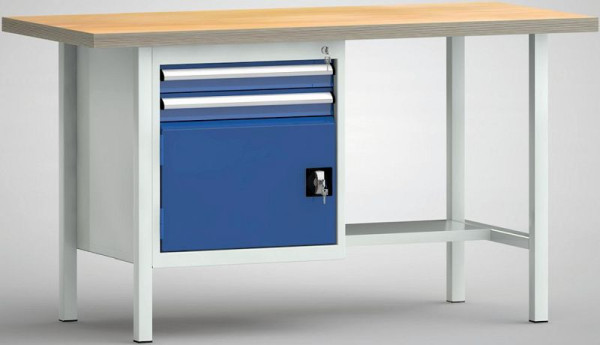 KLW Standard-Werkbank, 1500 x 700 x 840 mm, mit Buchen-Multiplexplatte, Stahlblechablage 300 mm tief, WS118N-1500M40-E1691