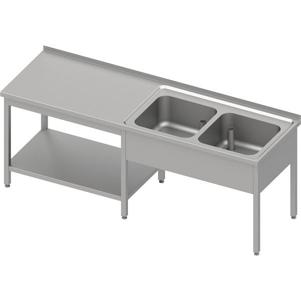 Stalgast Cheftisch mit Grundboden unter der Arbeitsfläche, mit zwei Becken rechts 2100x600x850 mm, mit Aufkantung, verschweißt, VST21626RA
