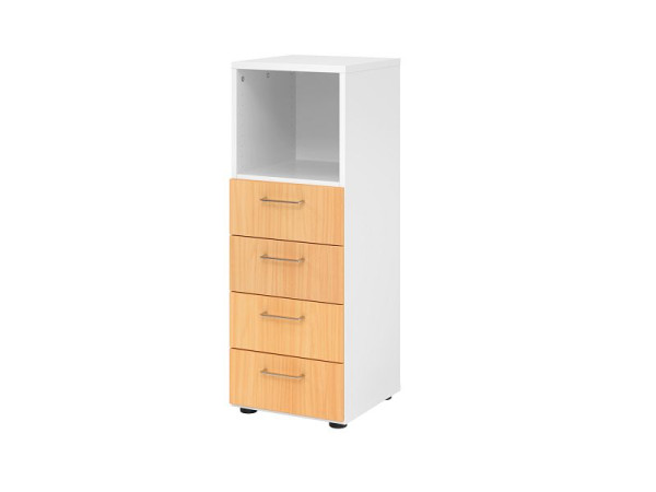 Hammerbacher Schubladenschrank 3OH, 4 Schübe, BS Weiß/Buche, 40 x 41,7 x 110 cm, 4 Schubkästen, Metallgriff, V934S4/W/6/BS