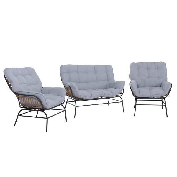 Mendler Lounge-Set HWC-P75, Gartengarnitur Sofa Sitzgruppe, Stoff 220g/m² Poly-Rattan Metall, dunkelgrau, Polster hellgrau, 119737+119736