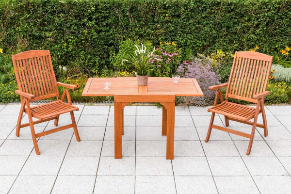 Merxx Maracaibo Set 3-teilig, 2 Maracaibo Klappsessel, 5-fach verstellbar, 1 Balkonausziehtisch, 65 (130) x 70 cm, FSC Eukalyptusholz, 50038-011