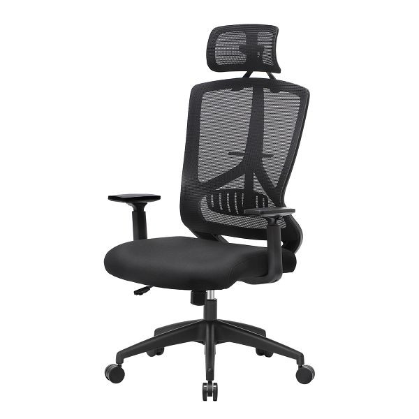 SONGMICS Ergonomischer Büro- und Schreibtischstuhl, schwenkbar mit verstellbarer Kopfstütze, Armlehnen, schwarz, OBN53BK