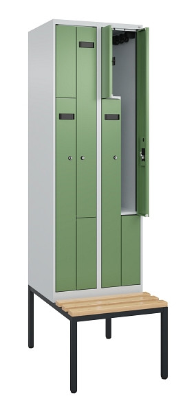 C+P Z-Spind Evolo PLUS, Bank, 4 Fächer, 2120x600x815mm, 7035/6011, Zylinderschloss, Sitzfläche Buche-Hartholz, Sitzbank, 0490537-204 S10033