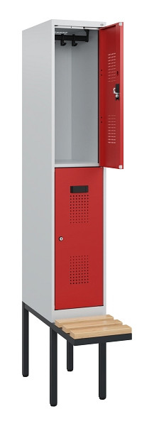 C+P Doppelstock-Spind Evolo PLUS, Bank, 2 Fächer, 1950x300x815mm, 7035/3000, Zylinderschloss, Sitzfläche Buche-Hartholz, 0493405-10 S10024