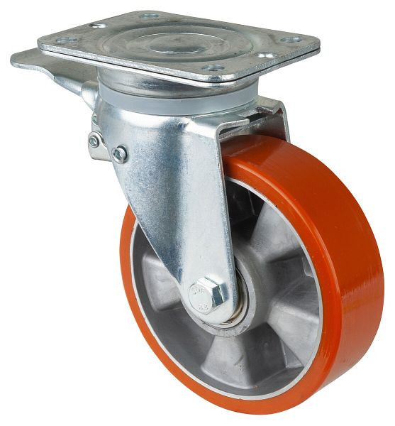 BS Rollen Schwerlastrolle mit Feststeller, Breite 50 mm, Ø160 mm, bis 600 kg, Guss-Polyurethan 95 Shore A, Körper Aluminium, Kugellager, N120.B90.163