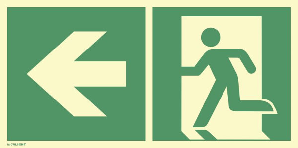 Moedel Notausgang links Pfeil links, Kombi, ISO 7010, Aluminium, nachleuchtend, 160-mcd, 594x297 mm, 101287