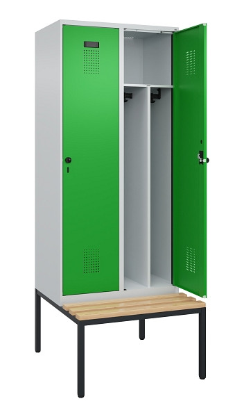 C+P Spind Evolo PLUS, 2 Abteile, 2120x800x815mm, 7035/6037, Haken 4, Drehriegel, Sitzfläche Buche-Hartholz, Sitzbank, Trennwand, 0490507-22F S10011