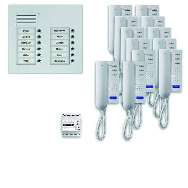 TCS Türkontrollsystem audio:pack UP für 12 Wohneinheiten, mit Außenstation PUK 12 Klingeltasten 2-spaltig, 12x Türtelefon ISH3030, Steuerung, PPU12/2-EN/02