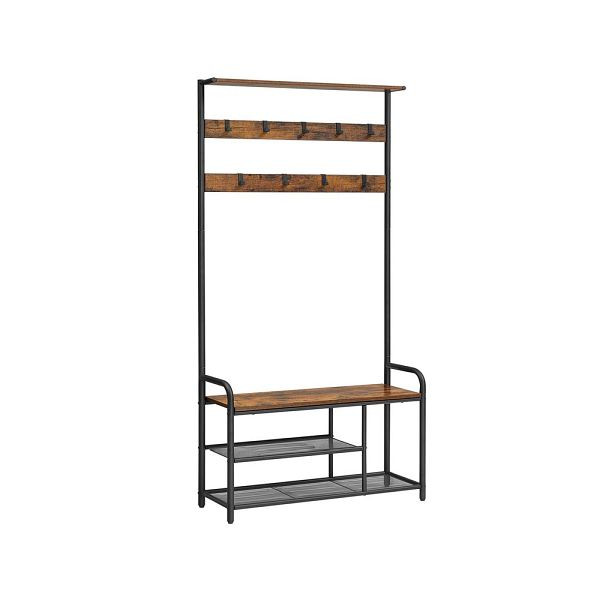 VASAGLE Garderobenständer mit Sitzbank, Vintagebraun-Schwarz, 85x30x180.5 cm, HSR409B01