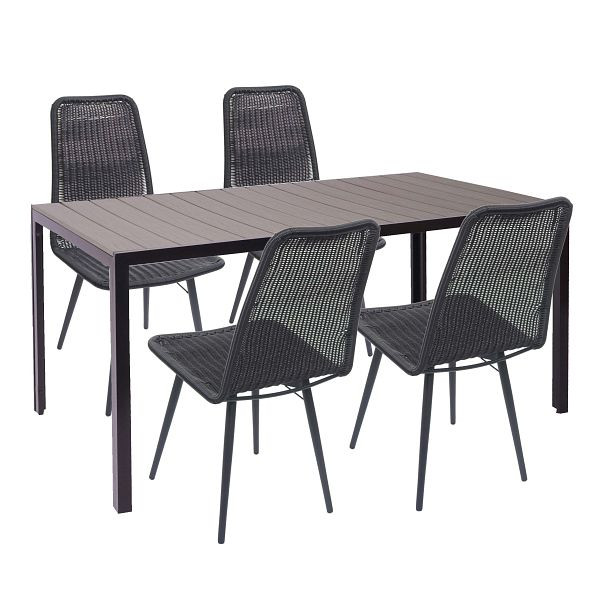 Mendler Gartengarnitur HWC-F90, Sitzgruppe Balkon-/Lounge-Set, WPC-Tischplatte 4xPoly-Rattan Stuhl+Tisch 160x90cm, grau, 77069+2x70600
