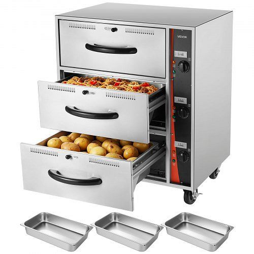 VEVOR elektrischer Schubladenwärmer aus Edelstahl, 3 Schubladen, Temperaturbereich 30–85 °C, für Restaurants und Buffets, BWCTDLSBZX3G3CX5S002V2